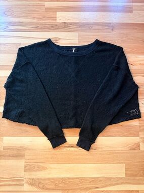 Free People Womens S Black Pointelle Knit Cropped Sweater Boho Whimsigoth Witchy